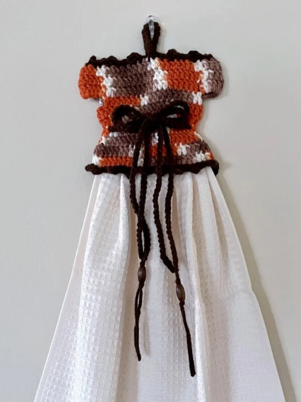 Crochet dress towel, Handmade gift for Farmhouse, Cappuccino Dish towel